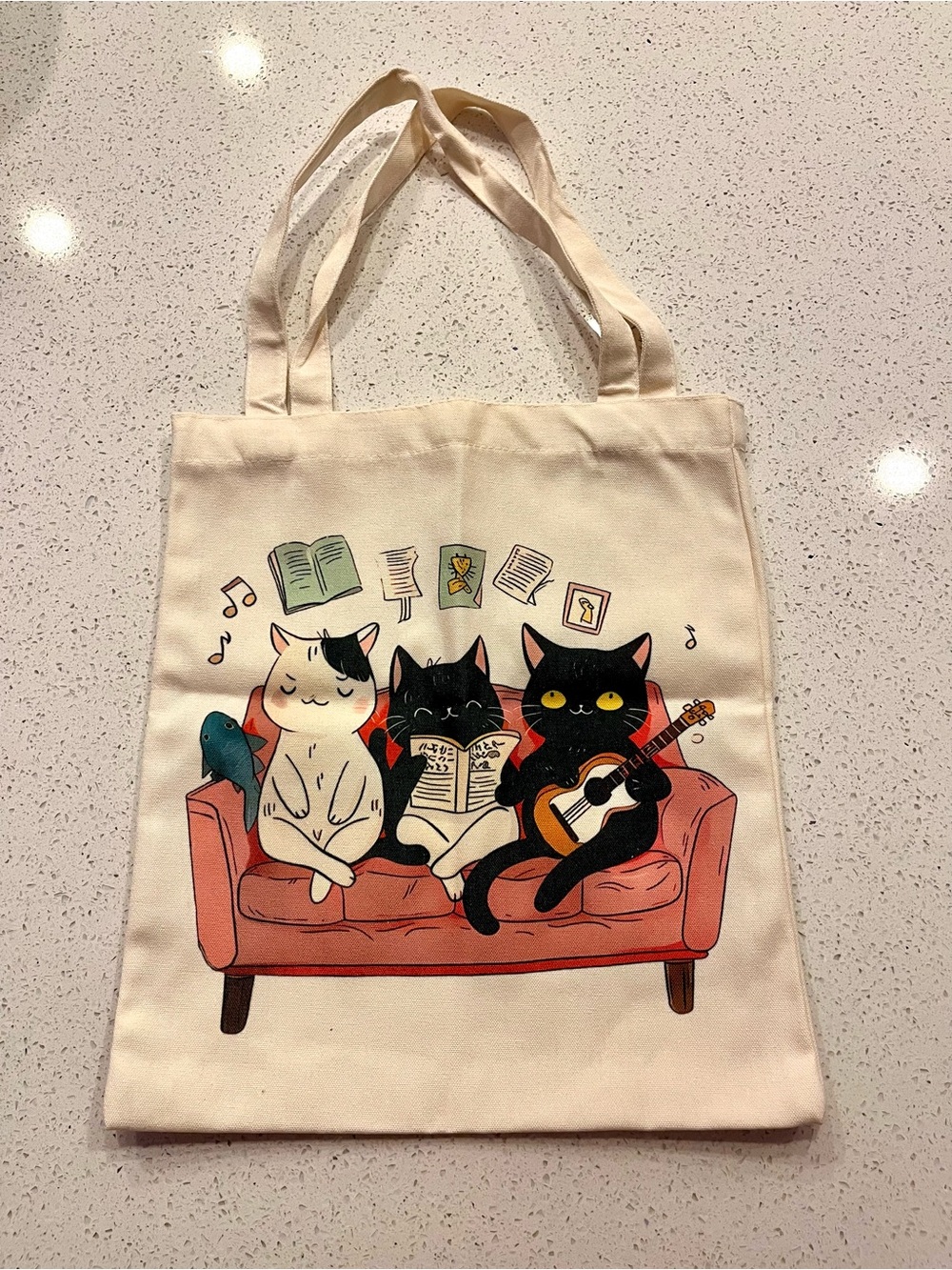 Cream Canvas Tote with Trio of Cats on Sofa NWT